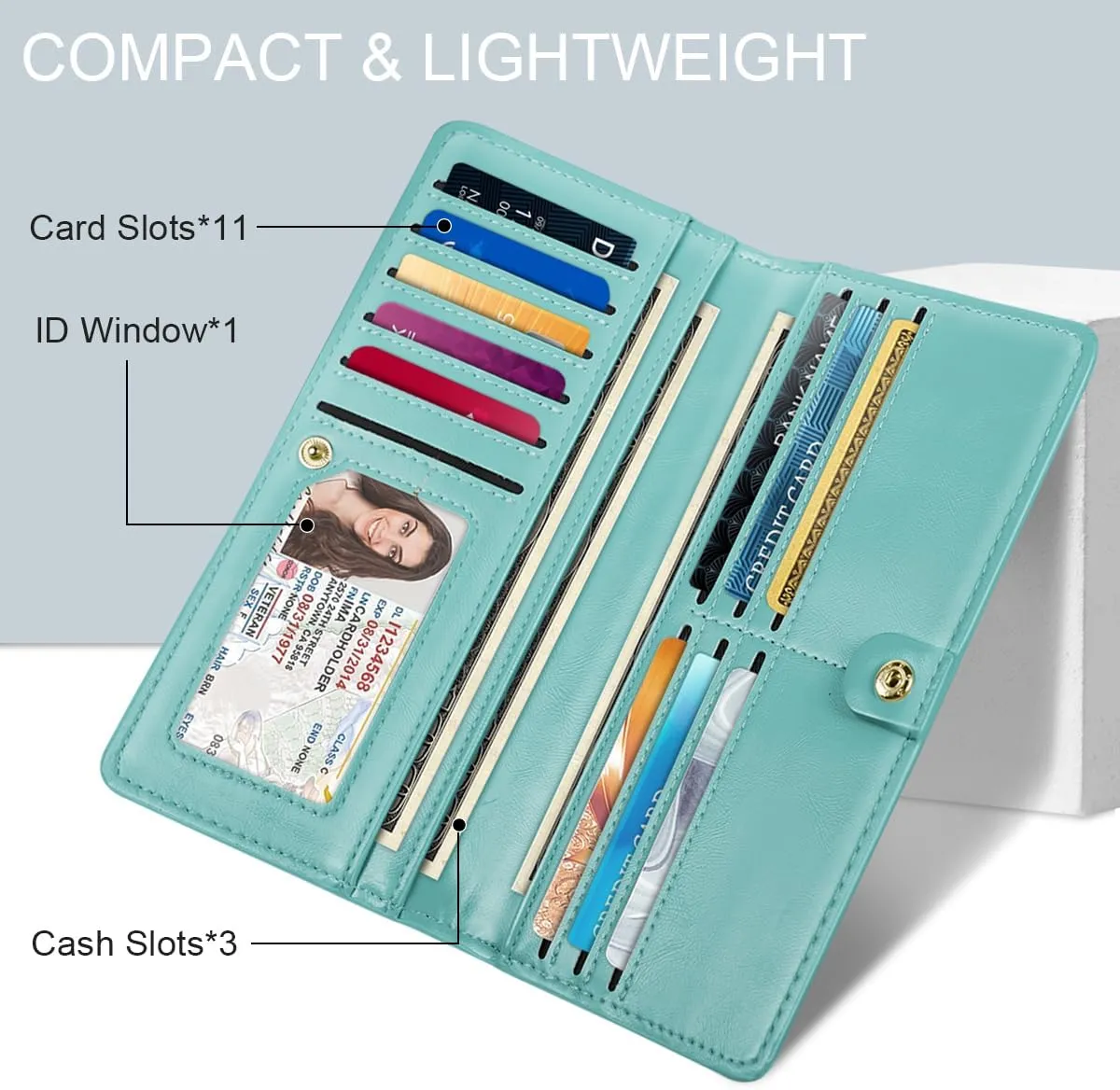 Ultra Slim Womens Wallet Minimalist Thin Long Leather Bifold Wallet RFID Blocking Card Holder Organizer with Zipper Coin Pocket Ladies Girls Gift Purse, Blue Flowers
