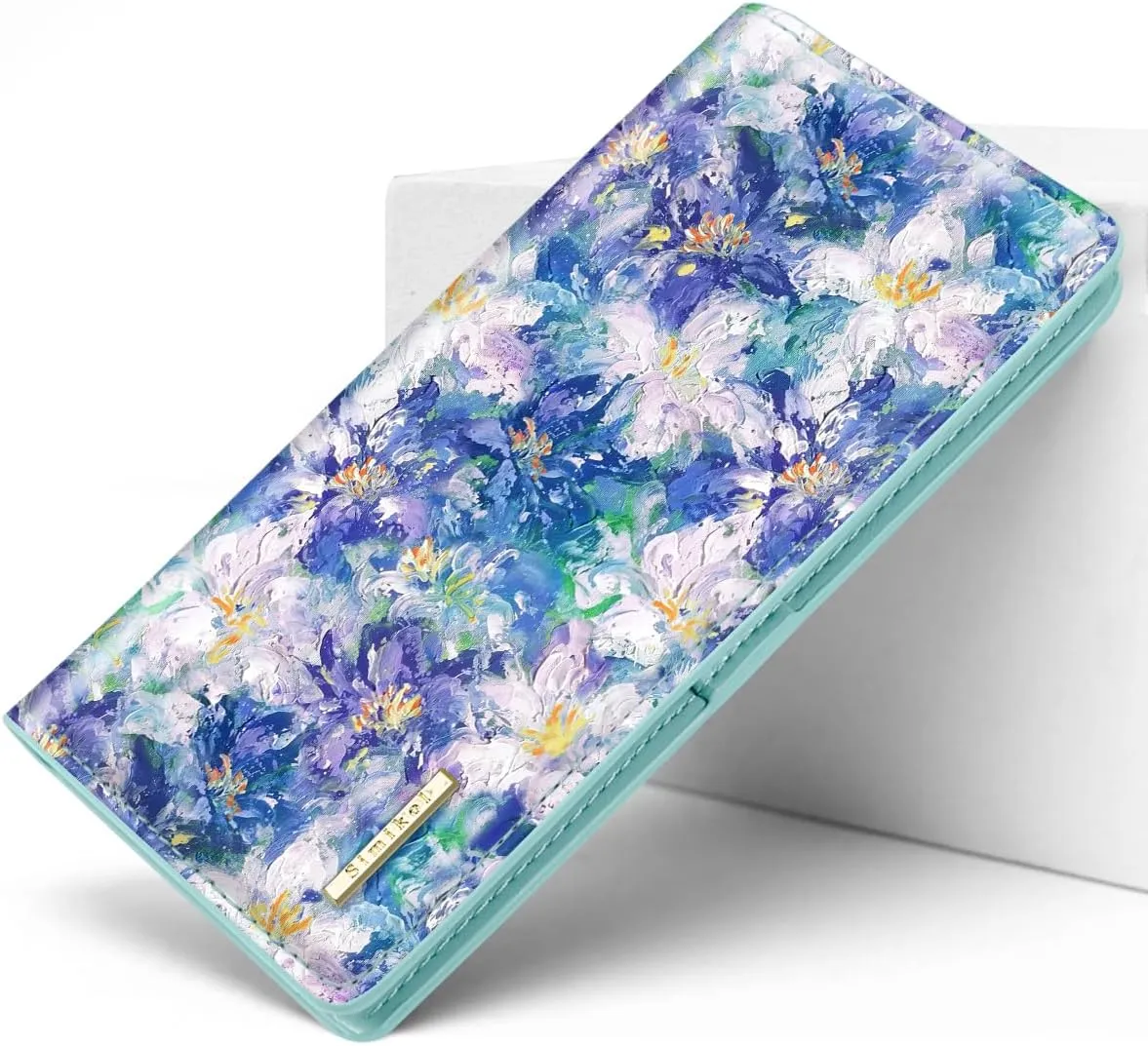 Ultra Slim Womens Wallet Minimalist Thin Long Leather Bifold Wallet RFID Blocking Card Holder Organizer with Zipper Coin Pocket Ladies Girls Gift Purse, Blue Flowers