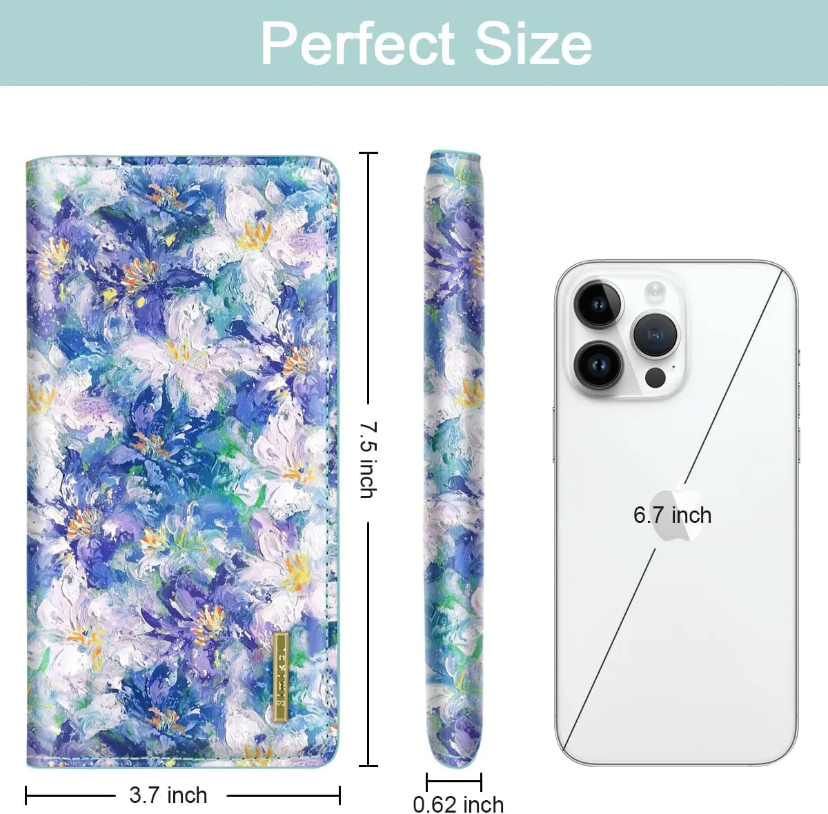 Ultra Slim Womens Wallet Minimalist Thin Long Leather Bifold Wallet RFID Blocking Card Holder Organizer with Zipper Coin Pocket Ladies Girls Gift Purse, Blue Flowers