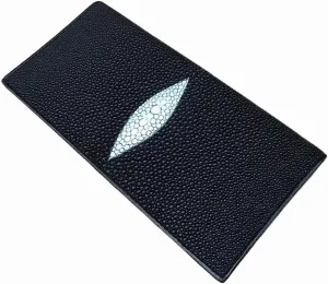 Unisex Style Authentic Real Stingray Skin Women Men Slim Bifold Wallet Card Bag Genuine Leather Female Male Thin Clutch Purse (black)