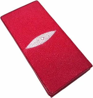 Unisex Style Authentic Real Stingray Skin Women Men Slim Bifold Wallet Card Bag Genuine Leather Female Male Thin Clutch Purse (Red)