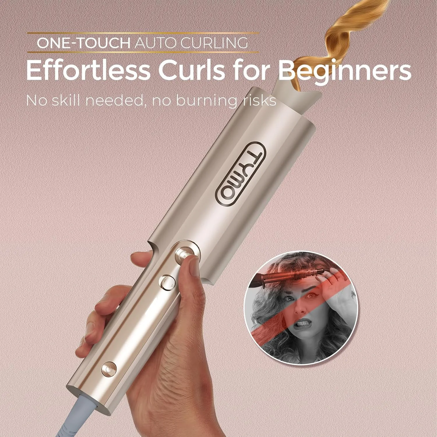 Upgraded Automatic Rotating Curling Iron - TYMO CurlPro Plus Long Barrel Curling Wand for Long Hair, Ceramic 1 Inch Hair Curler for Women, Anti-Scald, Tangle-Free, 600M Ionic, Dual Voltage, Gold