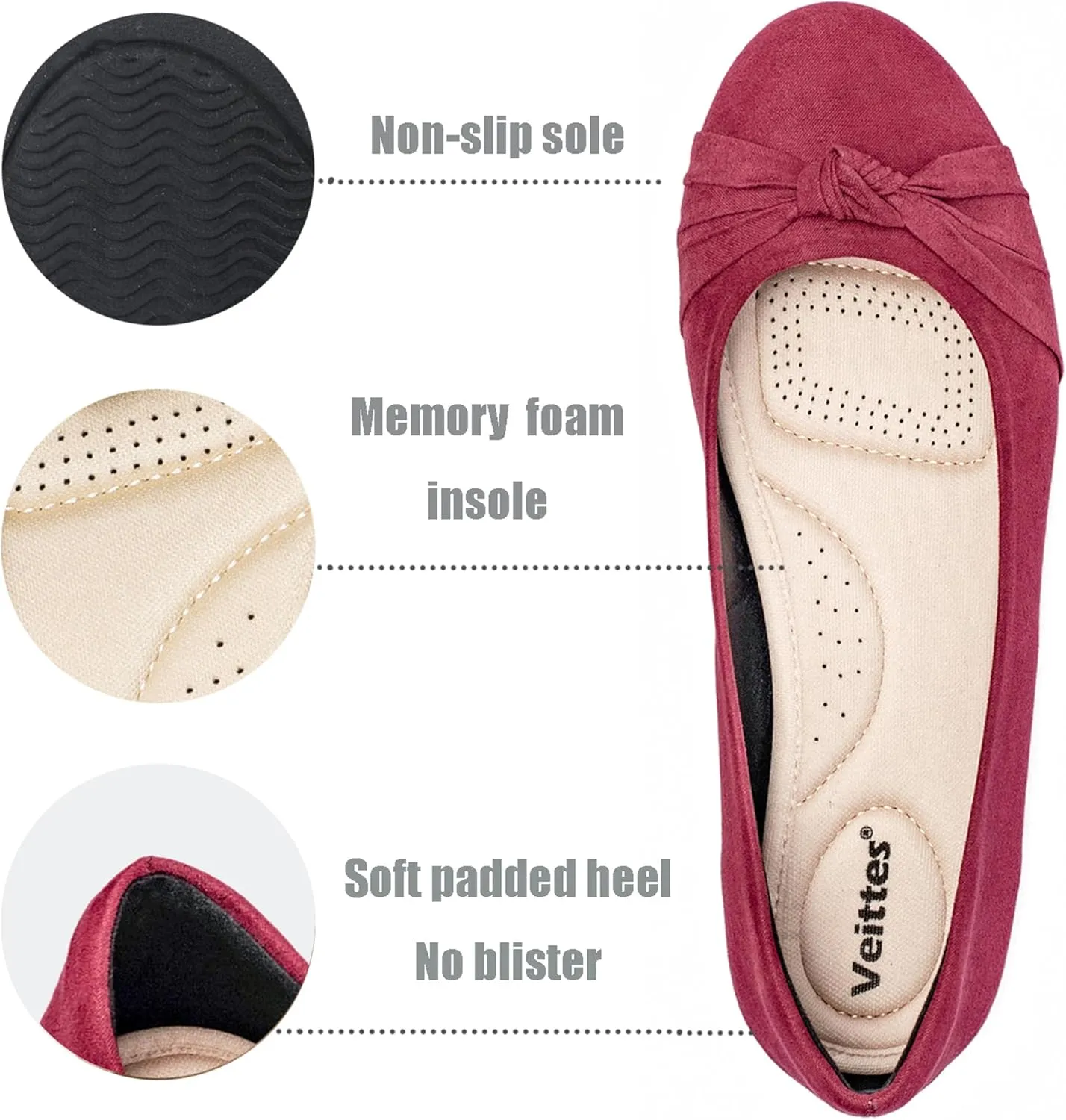 Veittes Women's Wide Width Flat Shoes, Classic Soft Round Toe Design Ballet Flats.
