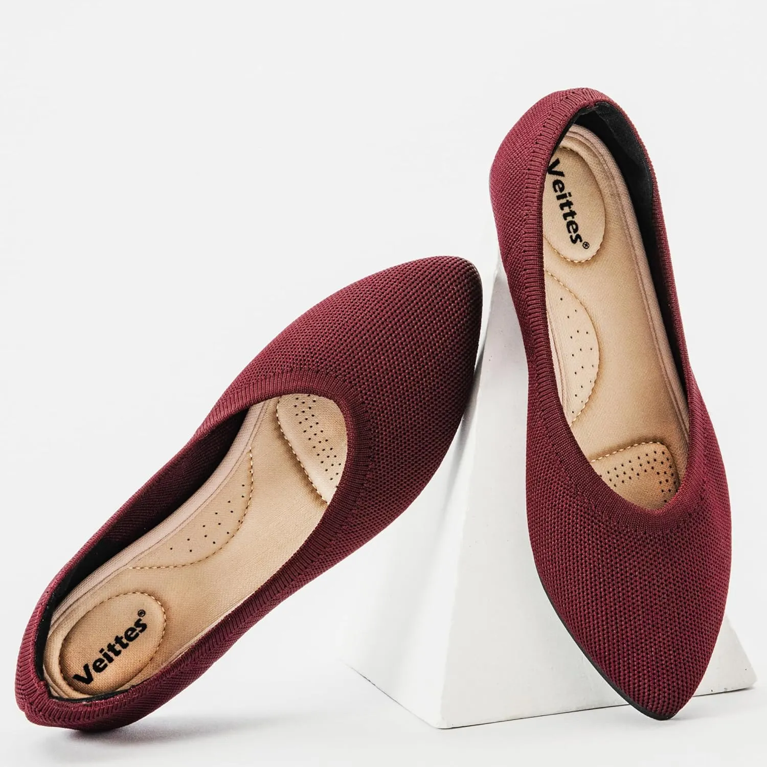 Veittes Women's Wide Width Flats Shoes, Comfortable Breathable Soft Ladies Slip on Knitted Ballet Shoes.