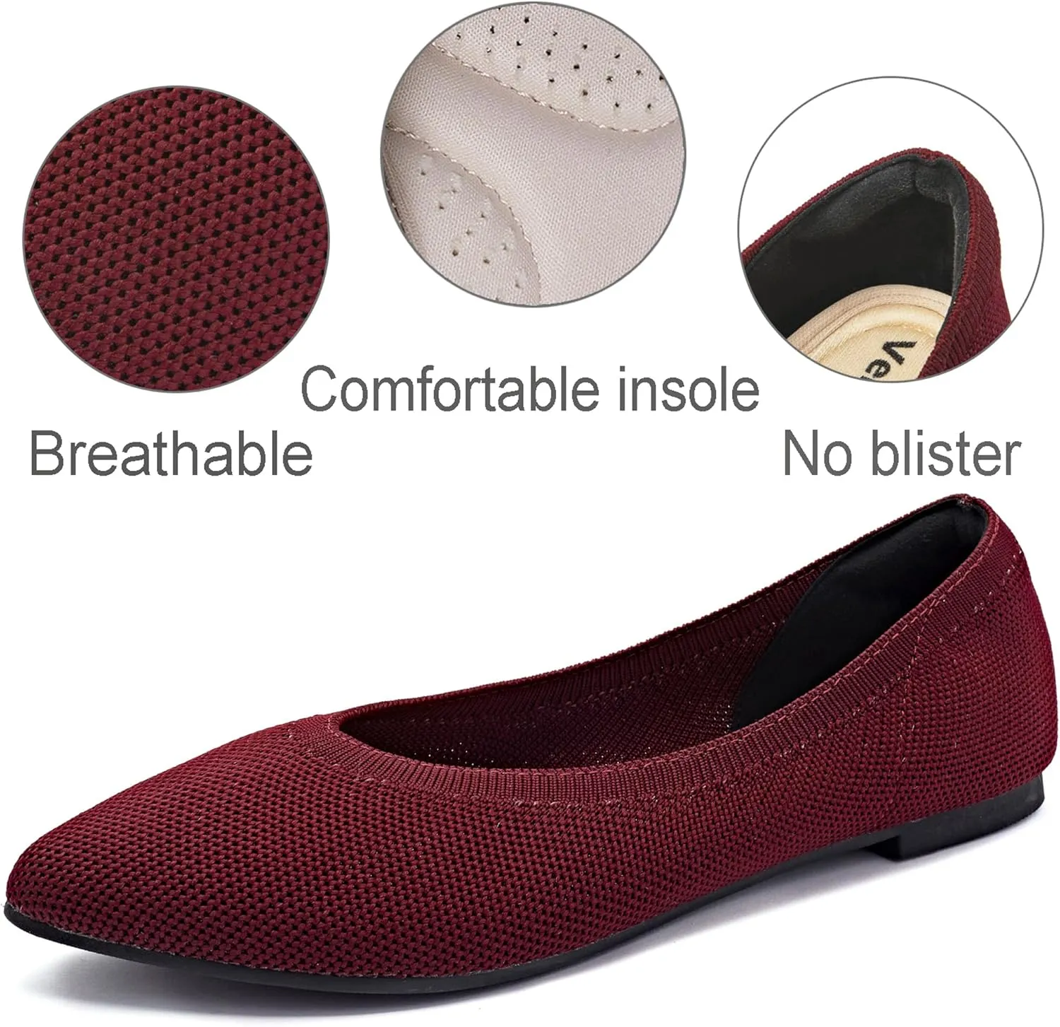 Veittes Women's Wide Width Flats Shoes, Comfortable Breathable Soft Ladies Slip on Knitted Ballet Shoes.