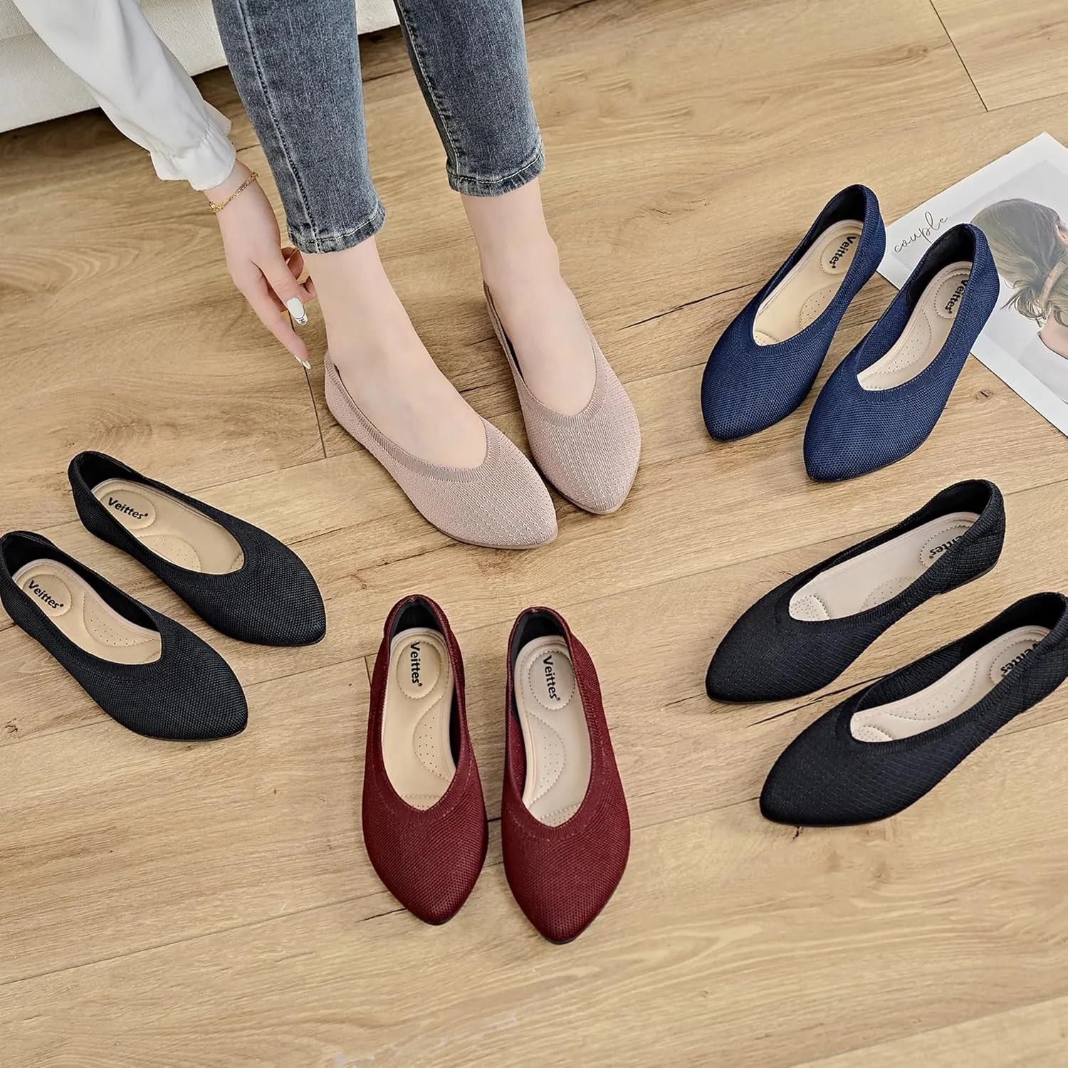 Veittes Women's Wide Width Flats Shoes, Comfortable Breathable Soft Ladies Slip on Knitted Ballet Shoes.