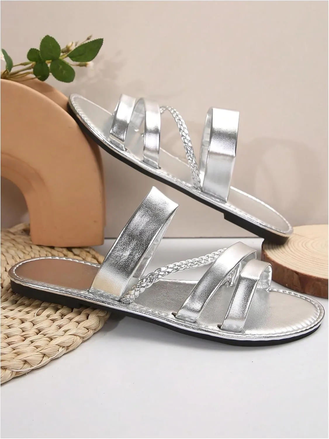Verdusa Women's Braided Strappy Flat Sandals Summer Slides Open Toe Beach Shoes