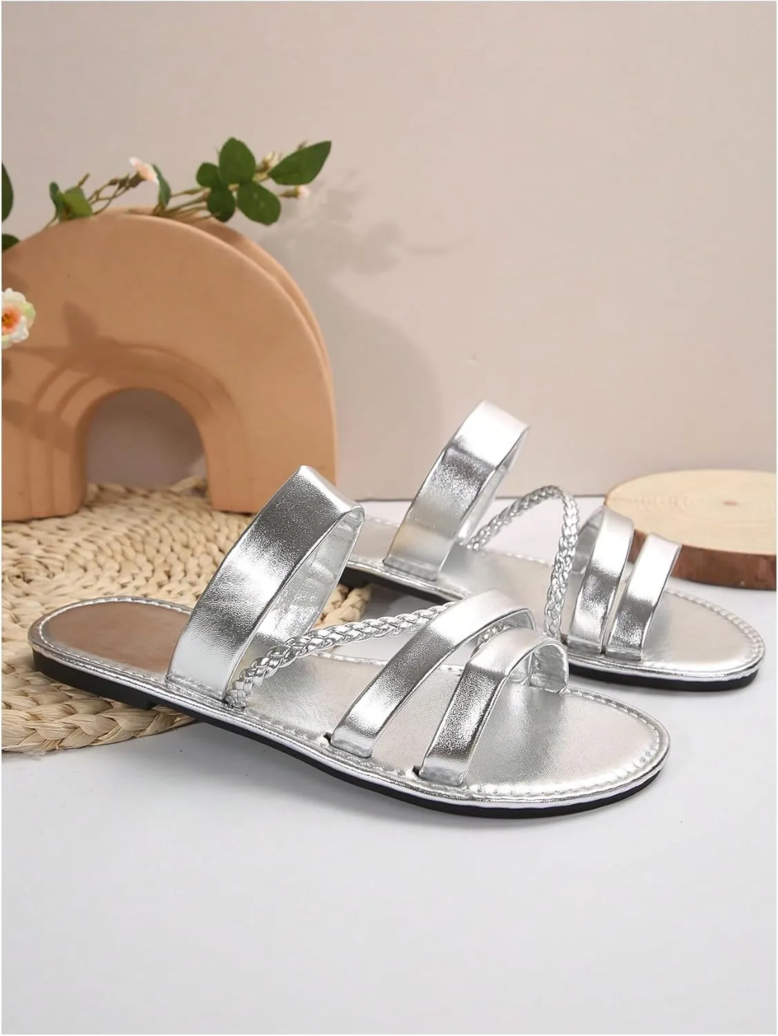 Verdusa Women's Braided Strappy Flat Sandals Summer Slides Open Toe Beach Shoes