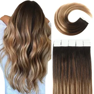 VINBAO Tape in Hair Extensions Human Hair - Ombre #1B Natural Black #4 Dark Brown to #27 Caramel Blonde Balayage Dark Roots - 20pcs 50g (14 Inch 1B/4/27)
