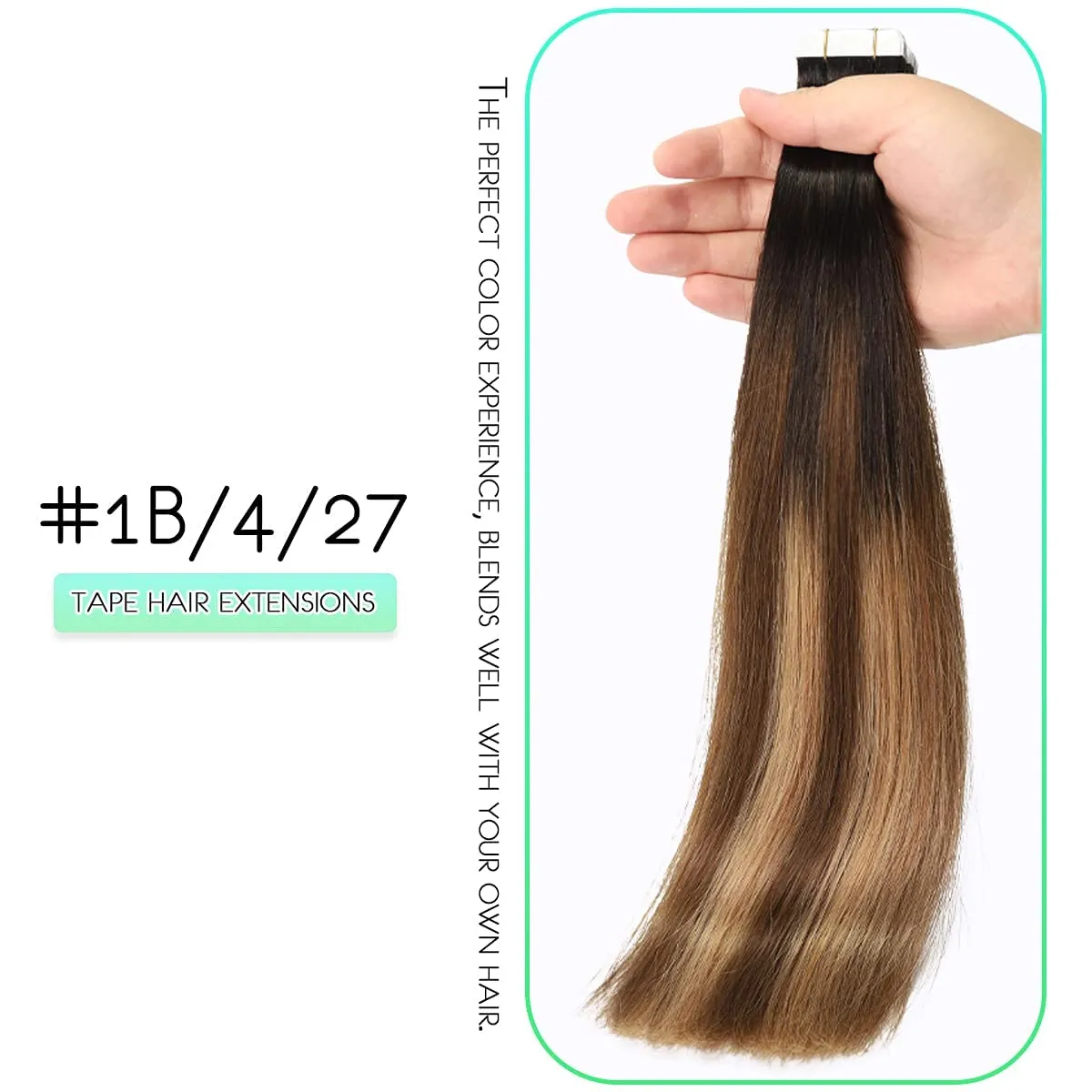 VINBAO Tape in Hair Extensions Human Hair - Ombre #1B Natural Black #4 Dark Brown to #27 Caramel Blonde Balayage Dark Roots - 20pcs 50g (14 Inch 1B/4/27)