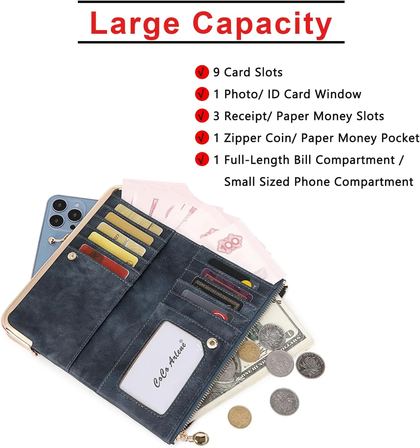 Vintage Wallets for Women Large Bifold Kiss Lock Wallet for Women Leather Zip Clutch Coin Purse