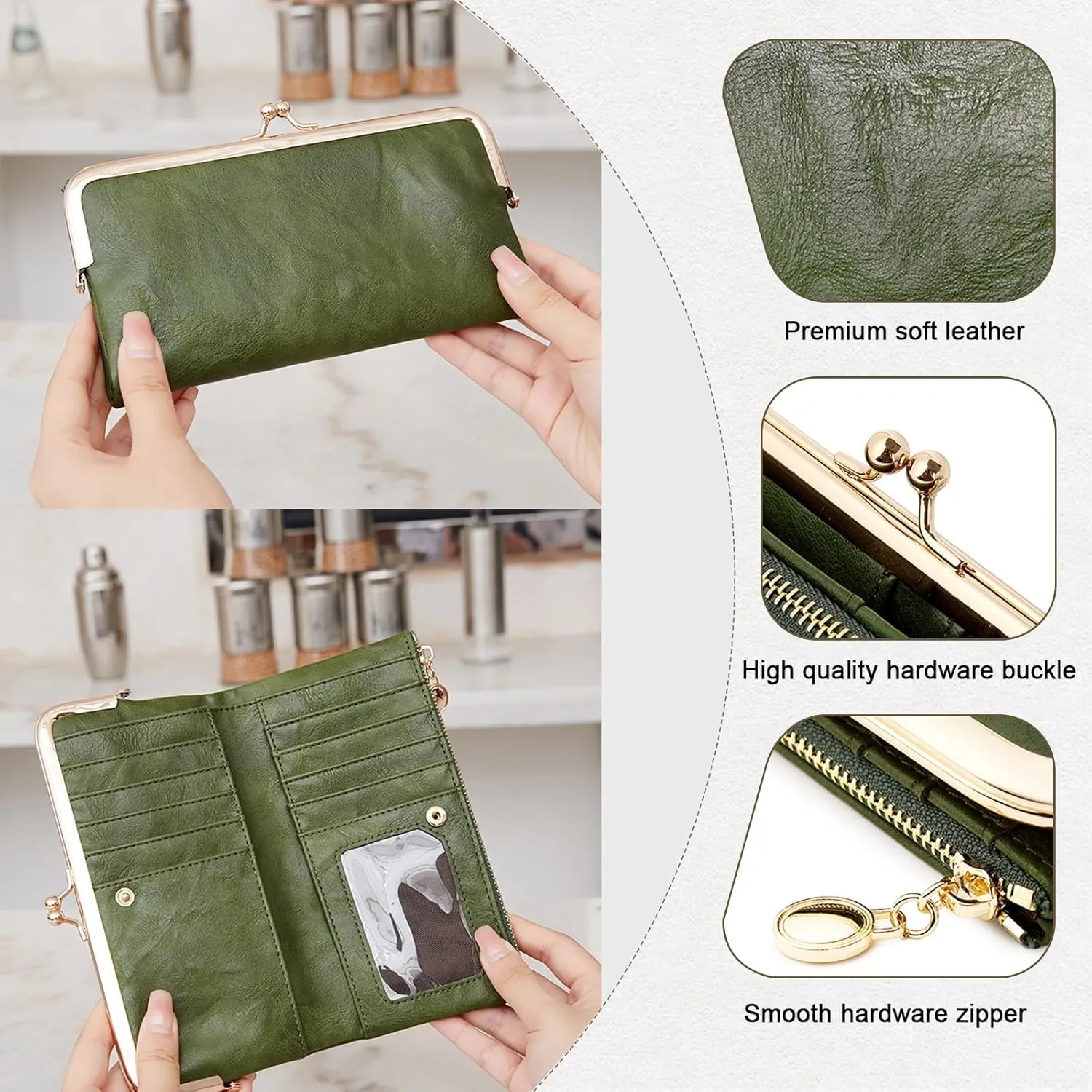 Vintage Wallets for Women Large Bifold Kiss Lock Wallet for Women Leather Zip Clutch Coin Purse