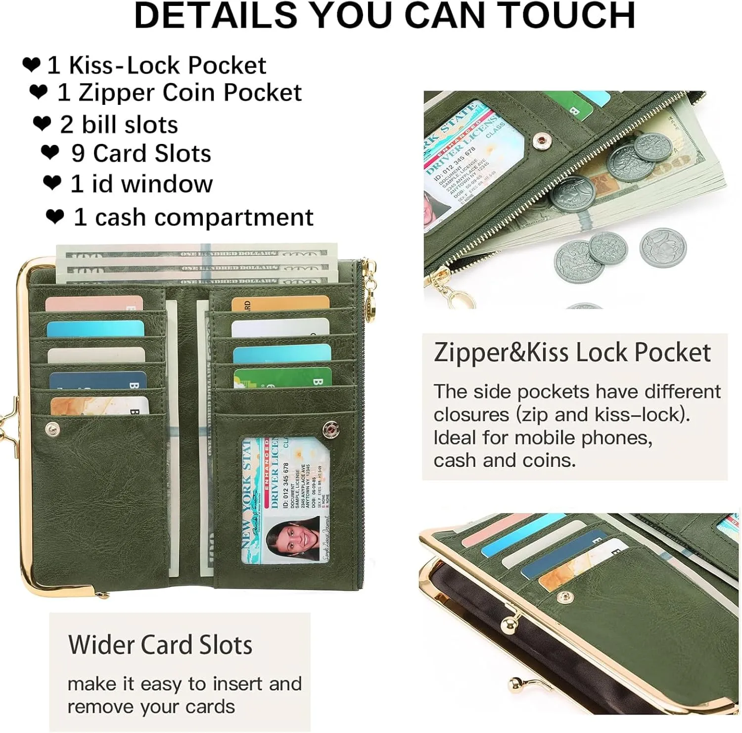 Vintage Wallets for Women Large Bifold Kiss Lock Wallet for Women Leather Zip Clutch Coin Purse