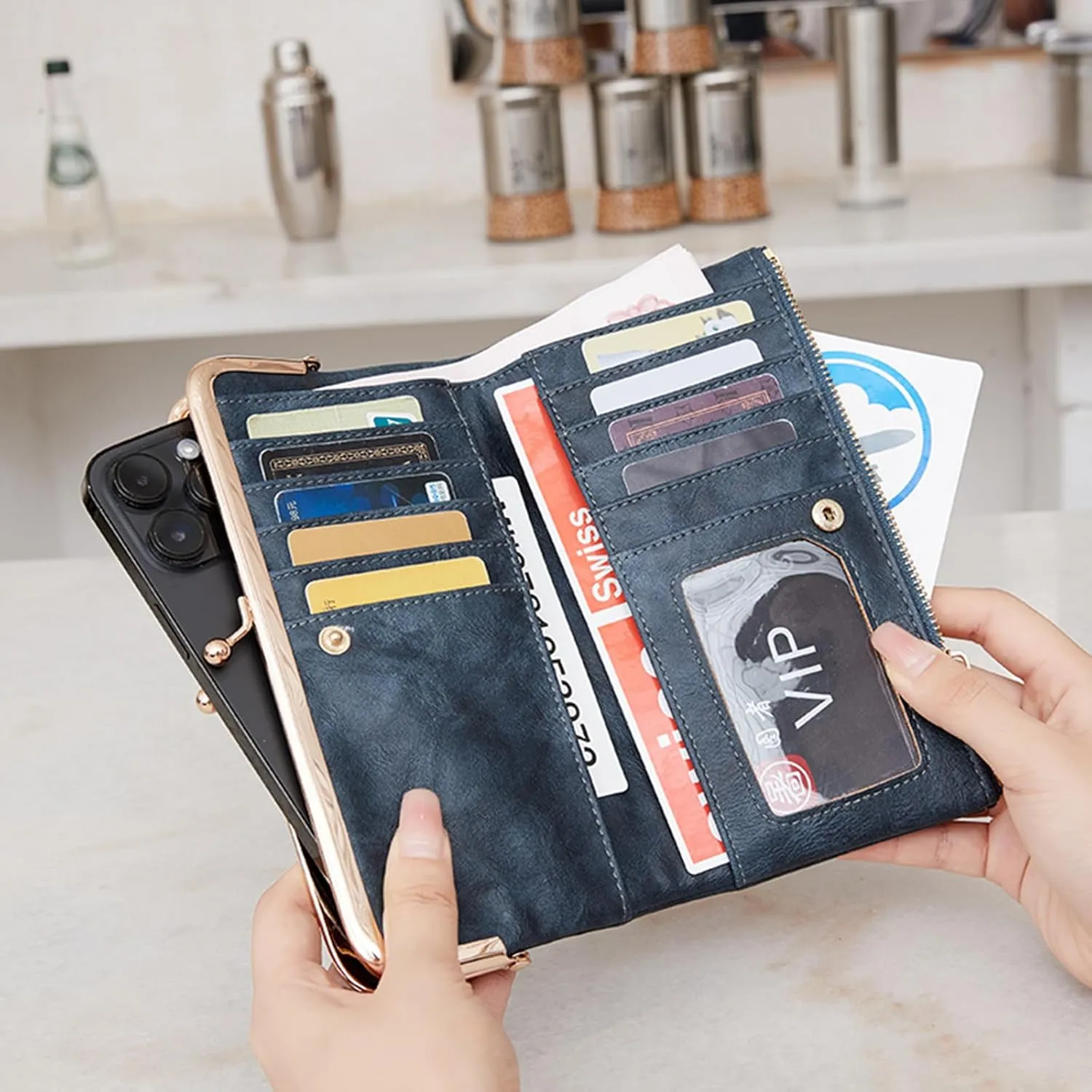 Vintage Wallets for Women Large Bifold Kiss Lock Wallet for Women Leather Zip Clutch Coin Purse