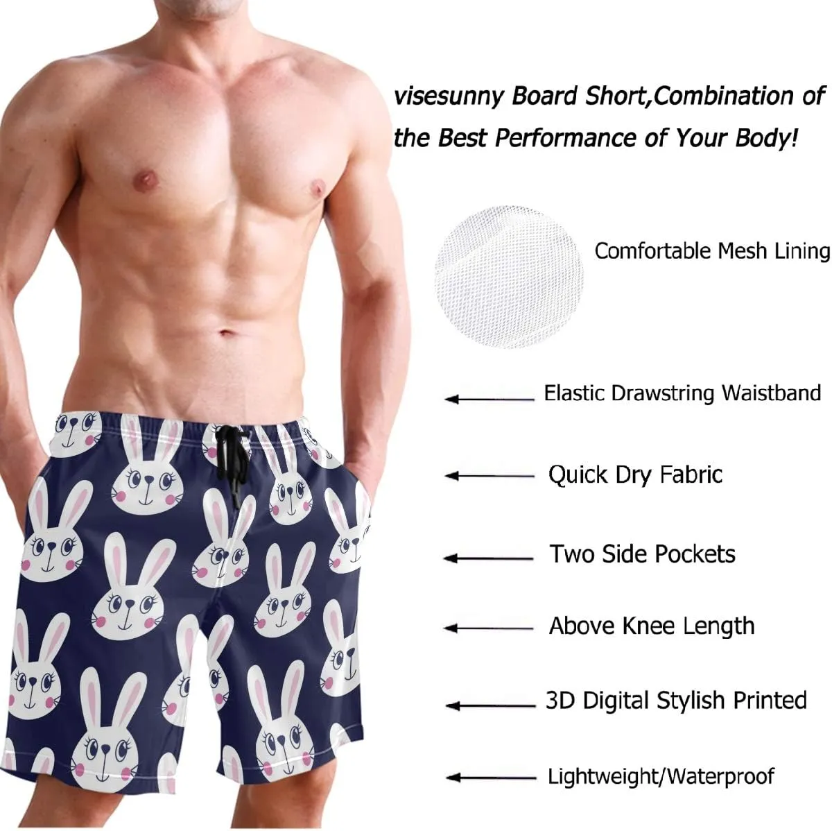 visesunny Hawaiian Men's Summer Beach Shorts Swim Trunks Sports Running Bathing Suits with Mesh Lining