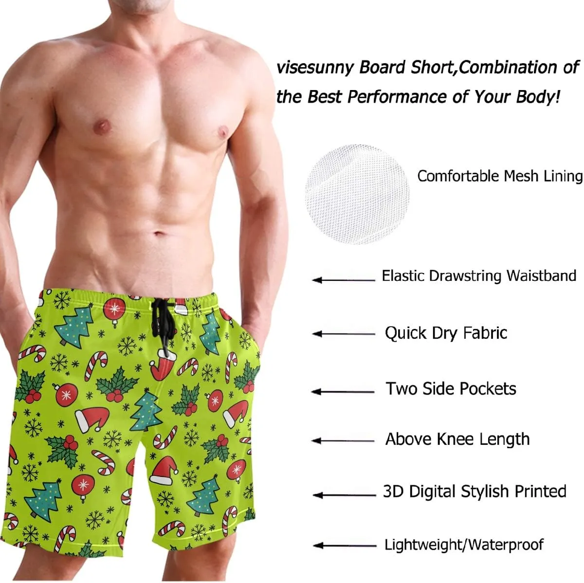 visesunny Hawaiian Men's Summer Beach Shorts Swim Trunks Sports Running Bathing Suits with Mesh Lining