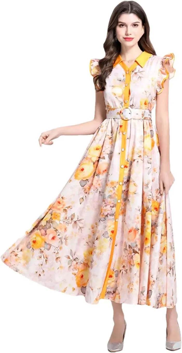 Vsadsau Women Bohemian Maxi Dress Flying Sleeve Single Breasted Dresses Floral Print Long Robe Party Dress
