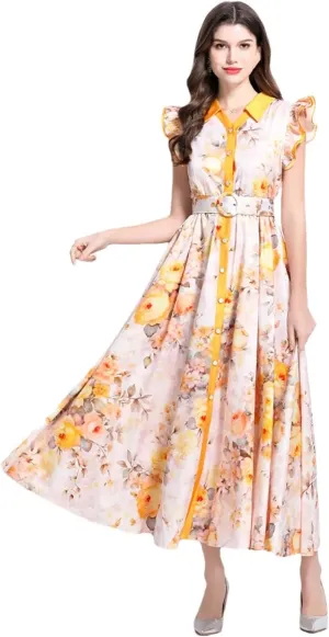 Vsadsau Women Bohemian Maxi Dress Flying Sleeve Single Breasted Dresses Floral Print Long Robe Party Dress