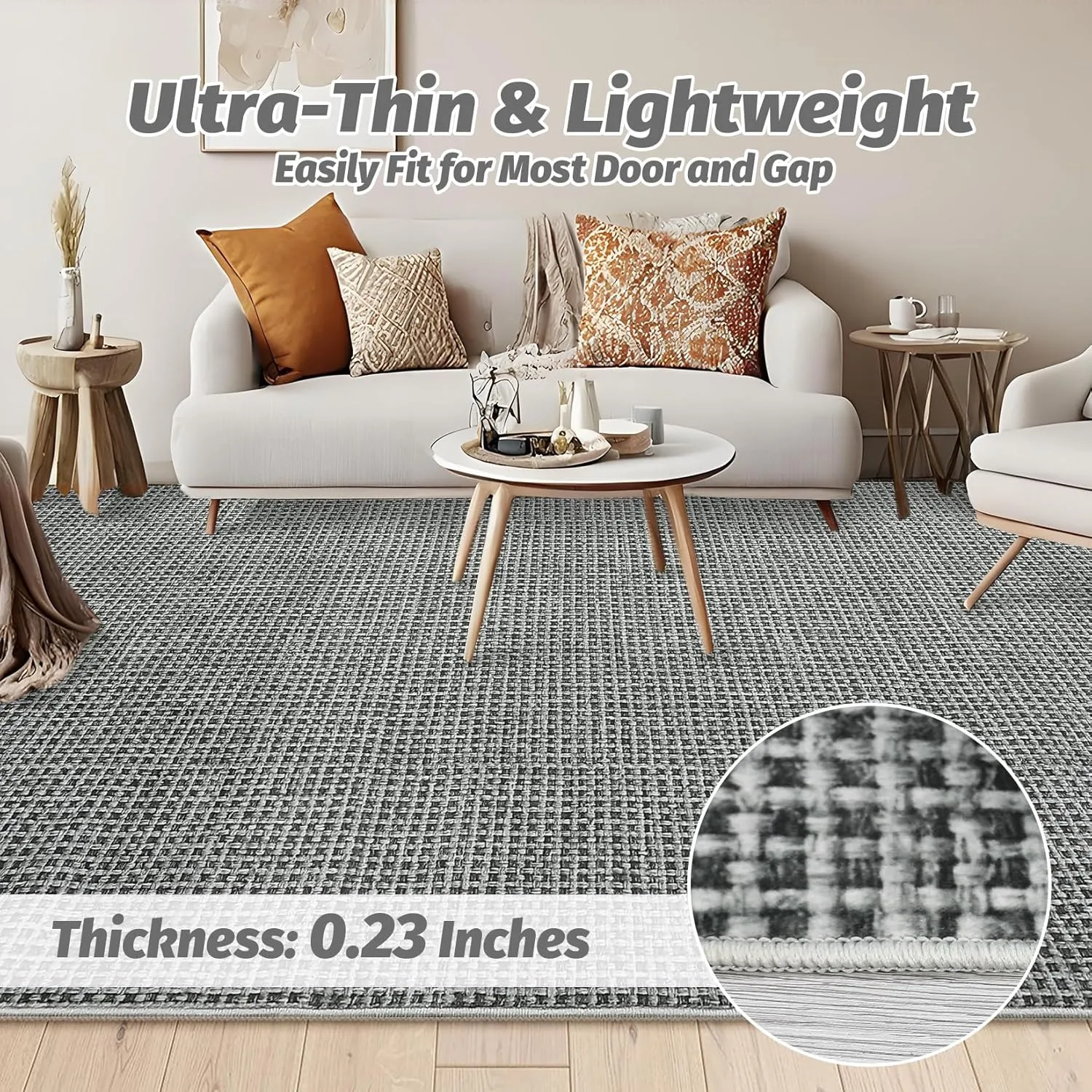 Washable Area Rug, 5'x7' - Soft, Ultra Thin Indoor Throw Rugs for Living Room, Dining Room, Bedroom, Nursery - Boho Waffle Print, Grey