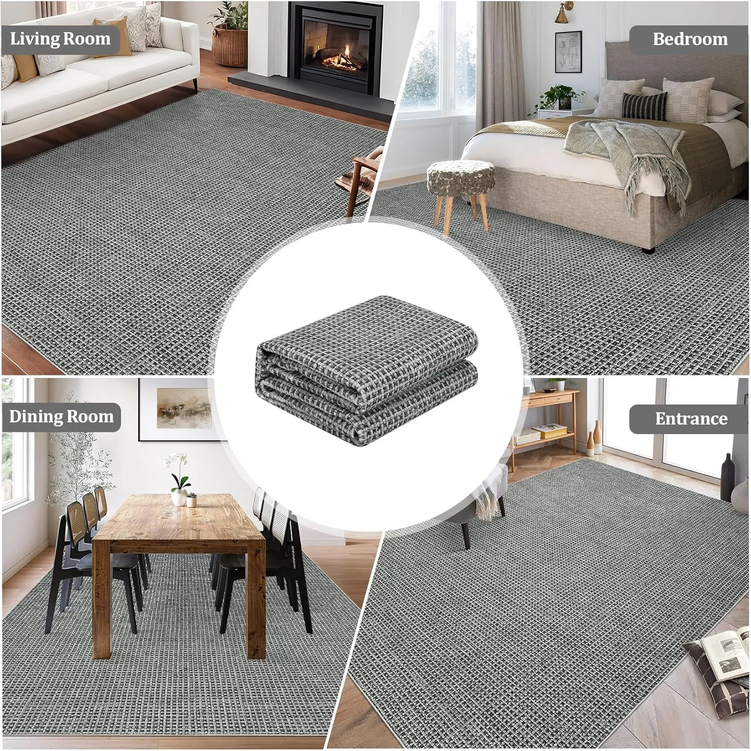 Washable Area Rug, 5'x7' - Soft, Ultra Thin Indoor Throw Rugs for Living Room, Dining Room, Bedroom, Nursery - Boho Waffle Print, Grey