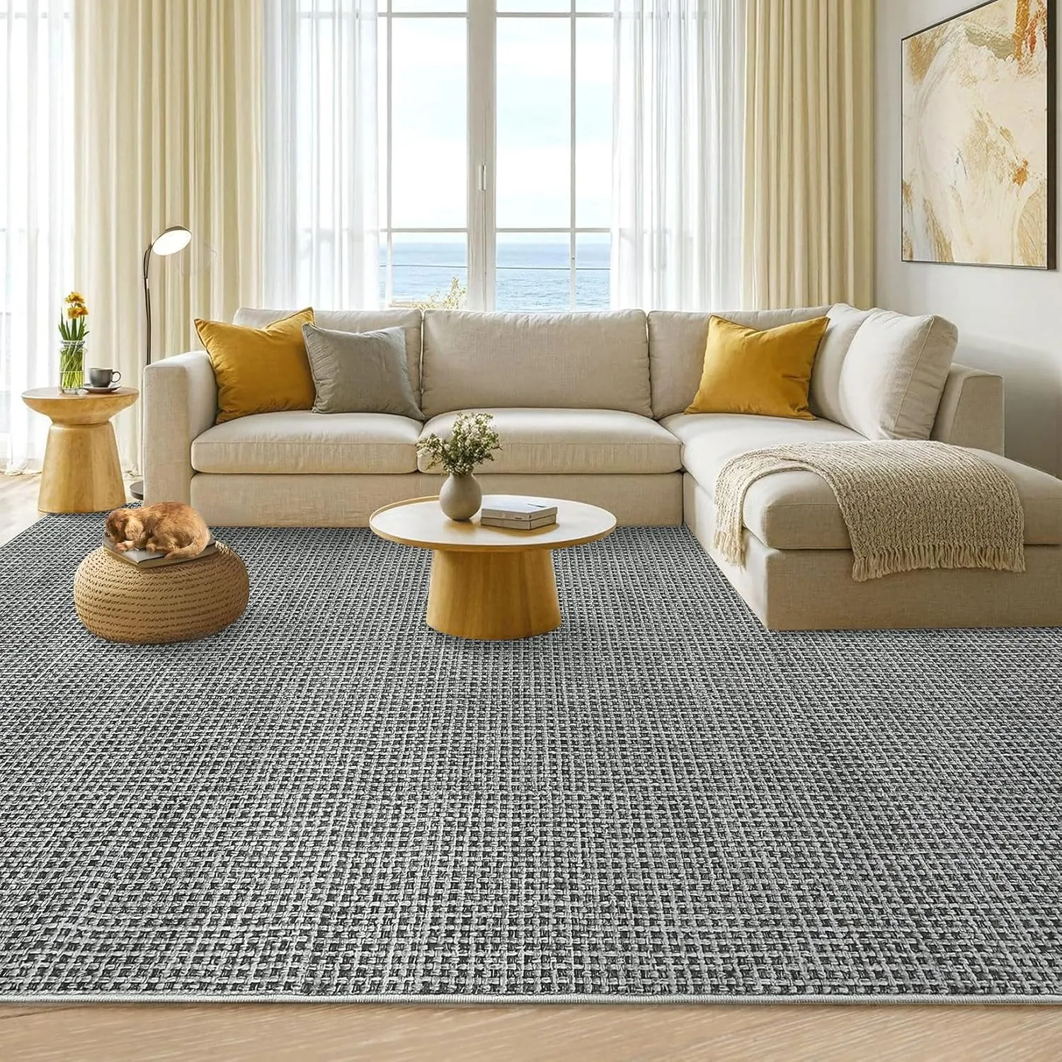 Washable Area Rug, 5'x7' - Soft, Ultra Thin Indoor Throw Rugs for Living Room, Dining Room, Bedroom, Nursery - Boho Waffle Print, Grey