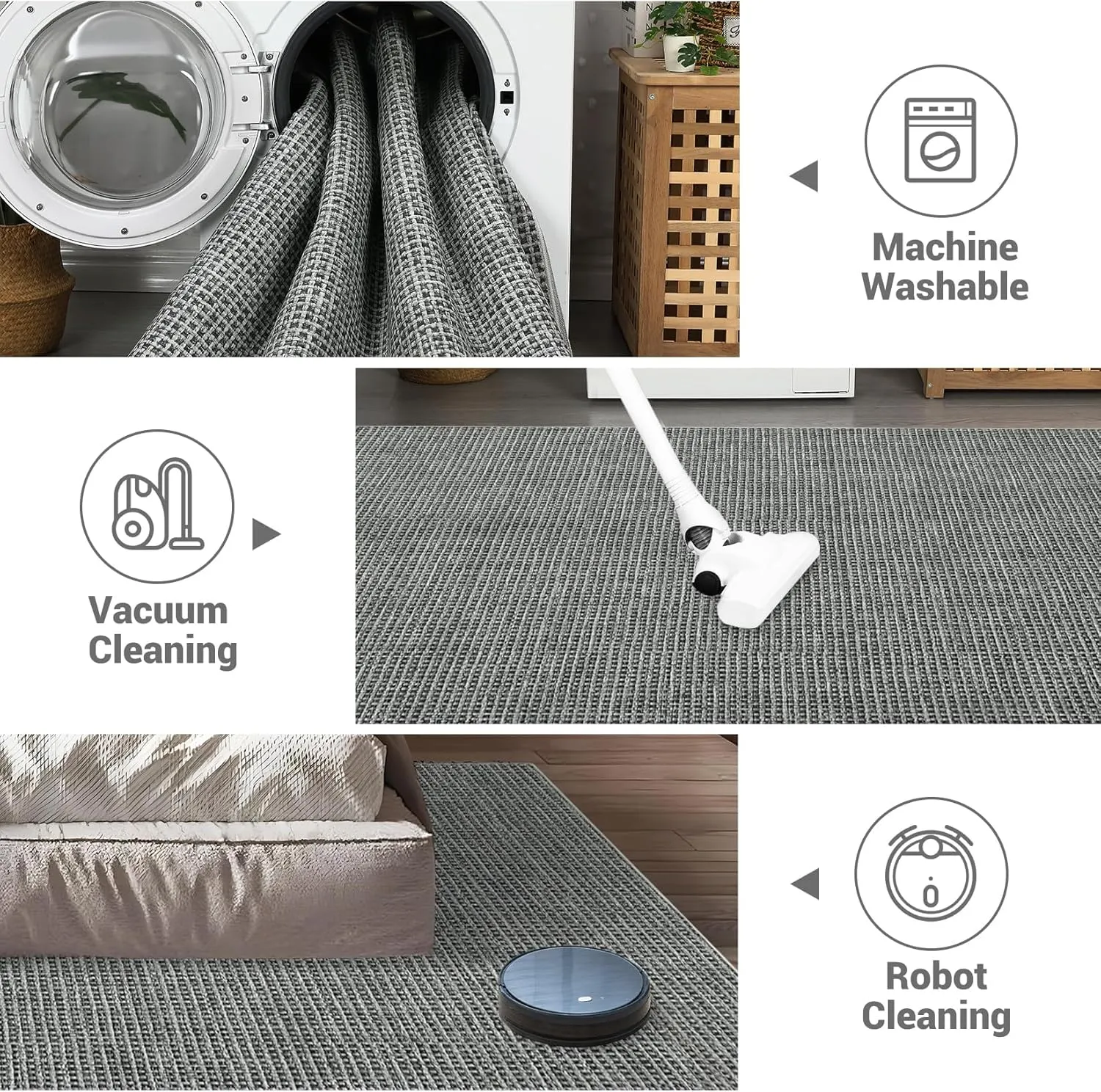 Washable Area Rug, 5'x7' - Soft, Ultra Thin Indoor Throw Rugs for Living Room, Dining Room, Bedroom, Nursery - Boho Waffle Print, Grey
