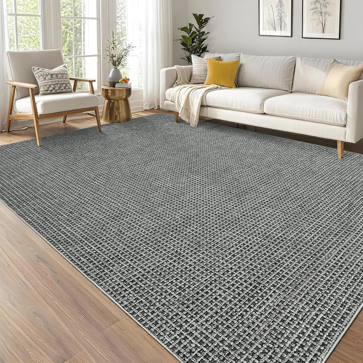 Washable Area Rug, 5'x7' - Soft, Ultra Thin Indoor Throw Rugs for Living Room, Dining Room, Bedroom, Nursery - Boho Waffle Print, Grey