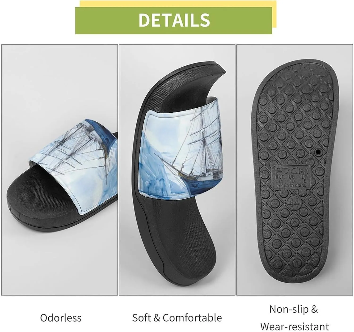Watercolor Old Ships And Glaciers Slippers Indoor Outdoor Unisex House Slipper Shower Slippers Non-Slip Open Toe Shoes