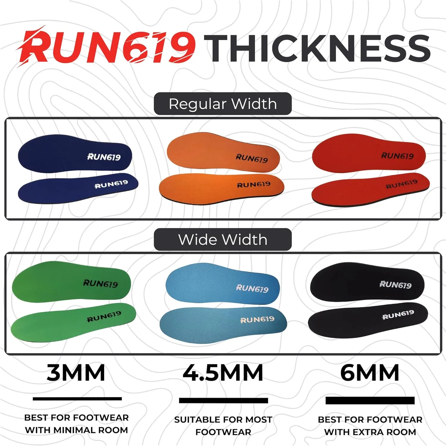 Wide Run 619 Shoe Insoles - Zero Drop Profile, Traditional Shape, Foot Forming, Wide Width - Thin, Firm, Flat Shoe Inserts - Men's Size 13
