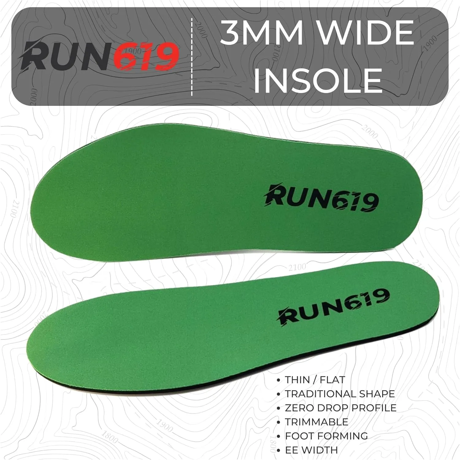 Wide Run 619 Shoe Insoles - Zero Drop Profile, Traditional Shape, Foot Forming, Wide Width - Thin, Firm, Flat Shoe Inserts - Men's Size 13