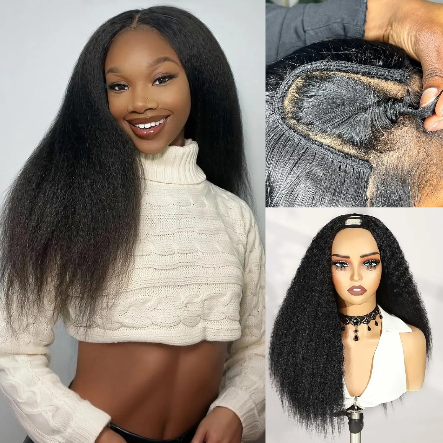 WIGER Kinky Straight U Part Wigs Human Hair Half Wig 1B Glueless Thin Leave Out Curly Hair 200% Density 16 Inch kinky Curly Clip in Wigs for Black Women Wear And Go Wig