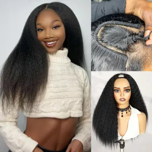 WIGER Kinky Straight U Part Wigs Human Hair Half Wig 1B Glueless Thin Leave Out Curly Hair 200% Density 16 Inch kinky Curly Clip in Wigs for Black Women Wear And Go Wig