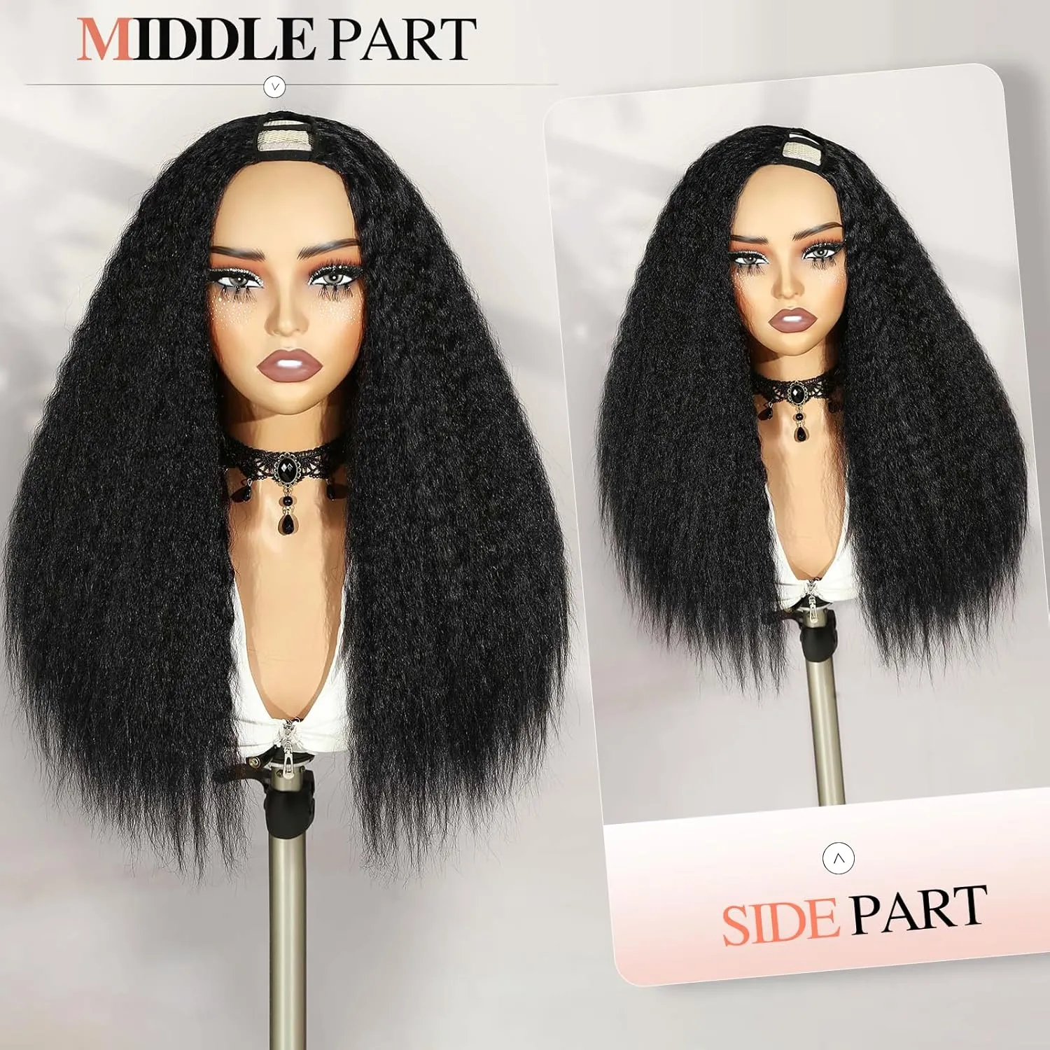 WIGER Kinky Straight U Part Wigs Human Hair Half Wig 1B Glueless Thin Leave Out Curly Hair 200% Density 16 Inch kinky Curly Clip in Wigs for Black Women Wear And Go Wig