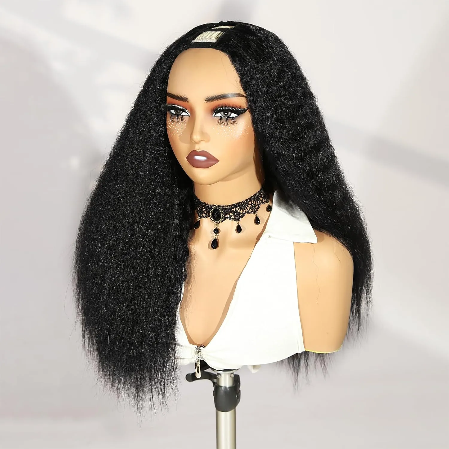 WIGER Kinky Straight U Part Wigs Human Hair Half Wig 1B Glueless Thin Leave Out Curly Hair 200% Density 16 Inch kinky Curly Clip in Wigs for Black Women Wear And Go Wig