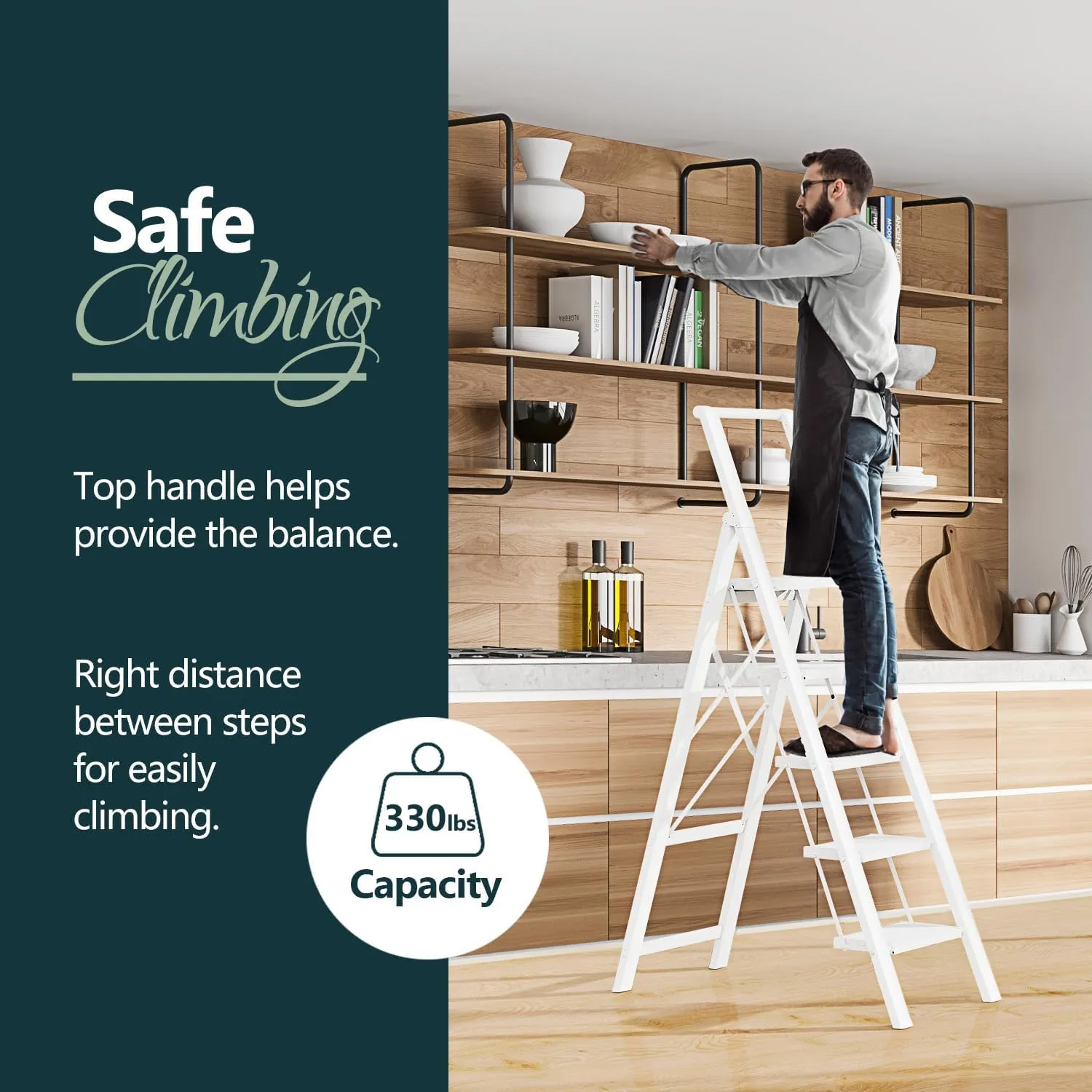 WOA WOA 5 Step Ladder, Stepping Ladder with Wide Rungs, Portable Lightweight Ladder with Handle, Folding Aluminum Ladder with Non-Slip Feet, Easy to Store, 330 lbs Load - White