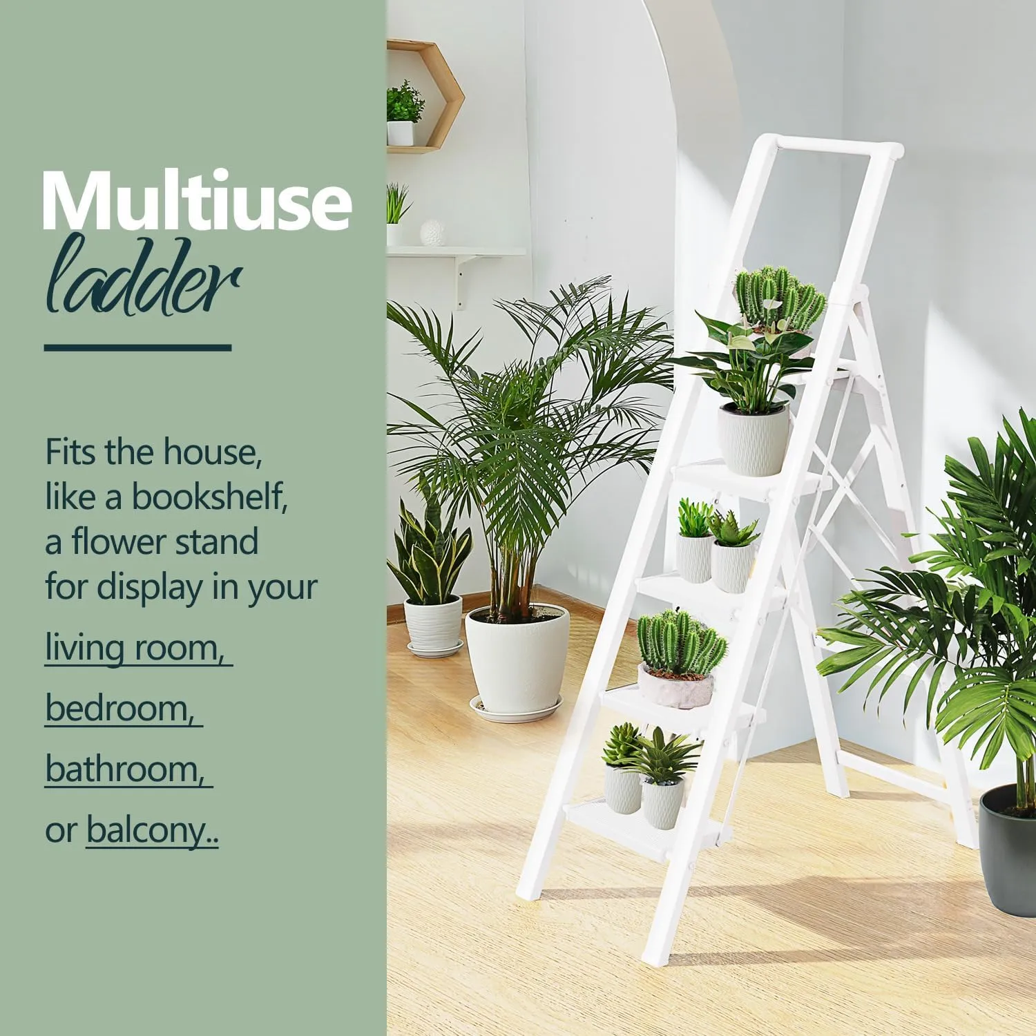 WOA WOA 5 Step Ladder, Stepping Ladder with Wide Rungs, Portable Lightweight Ladder with Handle, Folding Aluminum Ladder with Non-Slip Feet, Easy to Store, 330 lbs Load - White