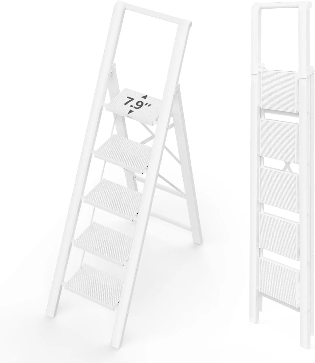 WOA WOA 5 Step Ladder, Stepping Ladder with Wide Rungs, Portable Lightweight Ladder with Handle, Folding Aluminum Ladder with Non-Slip Feet, Easy to Store, 330 lbs Load - White