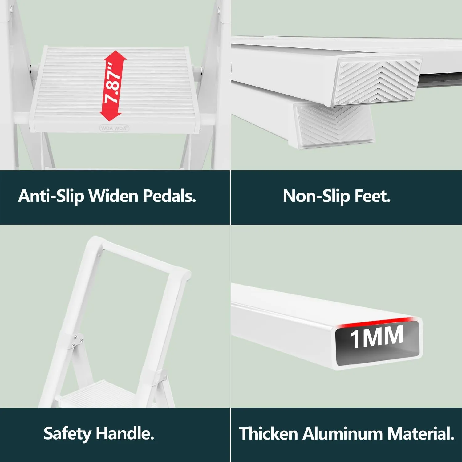 WOA WOA 5 Step Ladder, Stepping Ladder with Wide Rungs, Portable Lightweight Ladder with Handle, Folding Aluminum Ladder with Non-Slip Feet, Easy to Store, 330 lbs Load - White
