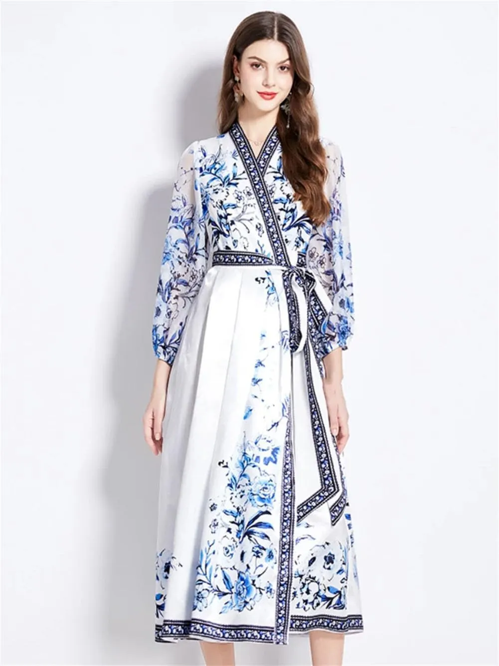 Women French Flower Holiday Dress V-Neck Lantern Sleeve Dress Lace Up Maxi Robes Party Dresses
