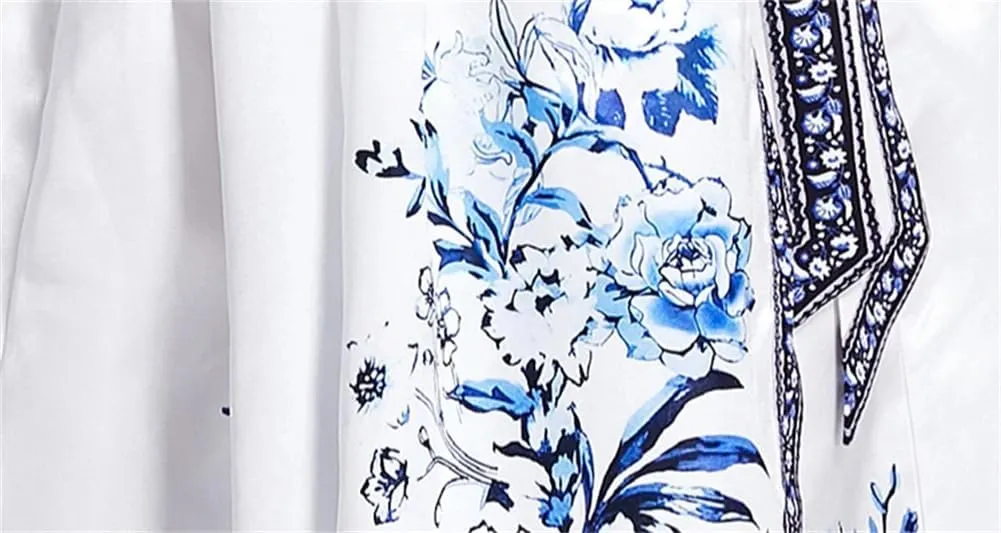 Women French Flower Holiday Dress V-Neck Lantern Sleeve Dress Lace Up Maxi Robes Party Dresses