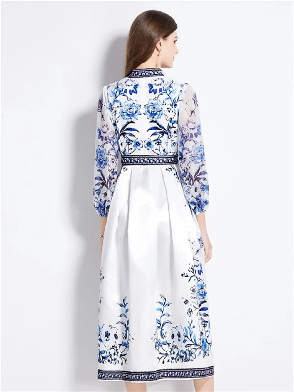 Women French Flower Holiday Dress V-Neck Lantern Sleeve Dress Lace Up Maxi Robes Party Dresses
