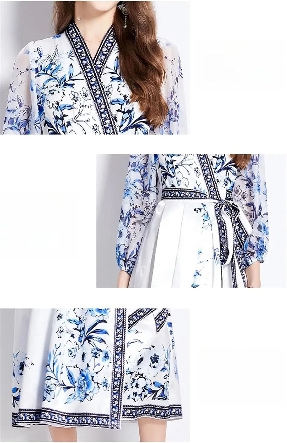 Women French Flower Holiday Dress V-Neck Lantern Sleeve Dress Lace Up Maxi Robes Party Dresses