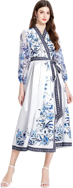 Women French Flower Holiday Dress V-Neck Lantern Sleeve Dress Lace Up Maxi Robes Party Dresses