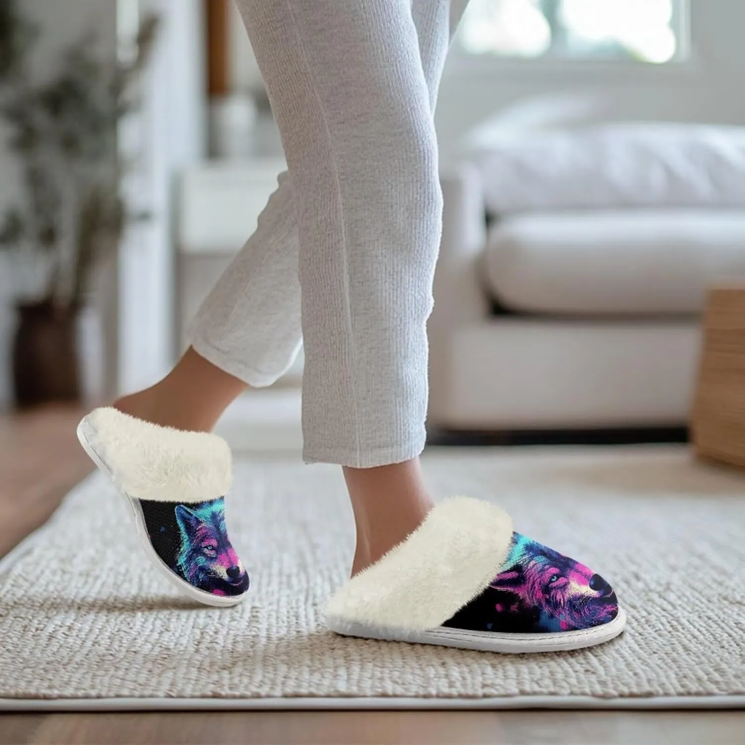 Women Novelty Print Fuzzy Slippers Winter Casual Slip-on Indoor Shoes Warm Cozy House Slipper Bedroom Slippers