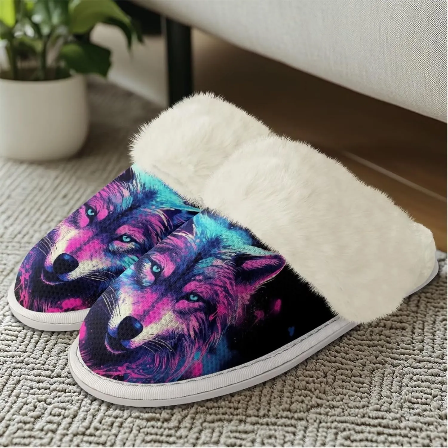Women Novelty Print Fuzzy Slippers Winter Casual Slip-on Indoor Shoes Warm Cozy House Slipper Bedroom Slippers