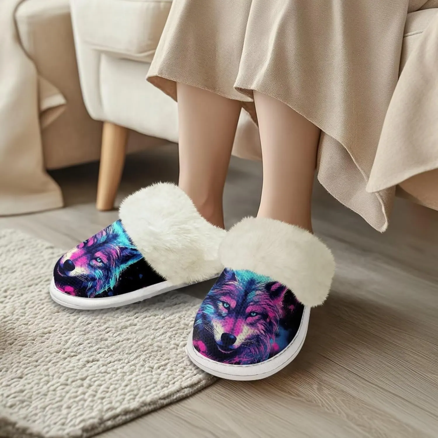 Women Novelty Print Fuzzy Slippers Winter Casual Slip-on Indoor Shoes Warm Cozy House Slipper Bedroom Slippers