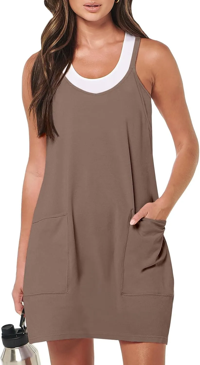 Women Summer Sleeveless Mini Dress Casual Short Sundress Workout Tennis Athletic Onesie with Built in Shorts