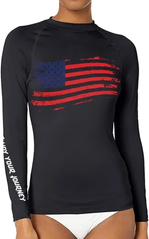 Women's American Flag Long Sleeve Sports Wicking T-Shirt Rash Guard for MMA BJJ Wrestling