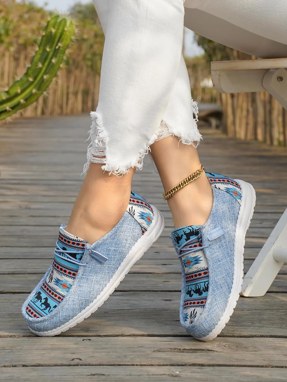 Women's Aztec Print Pattern Canvas Loafer Shoes Ethnic Lace-up Slip-on Sneakers Wide Width and Arch Support Lightweight Walking Breathable Shoes Comfort, Color Blue Brown Rose-Red
