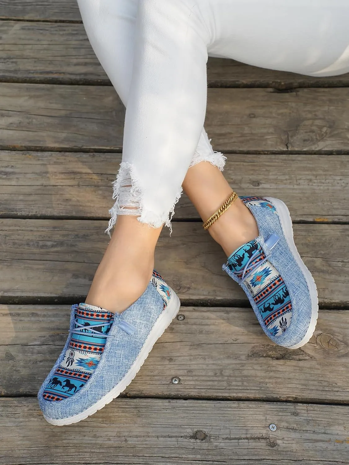 Women's Aztec Print Pattern Canvas Loafer Shoes Ethnic Lace-up Slip-on Sneakers Wide Width and Arch Support Lightweight Walking Breathable Shoes Comfort, Color Blue Brown Rose-Red